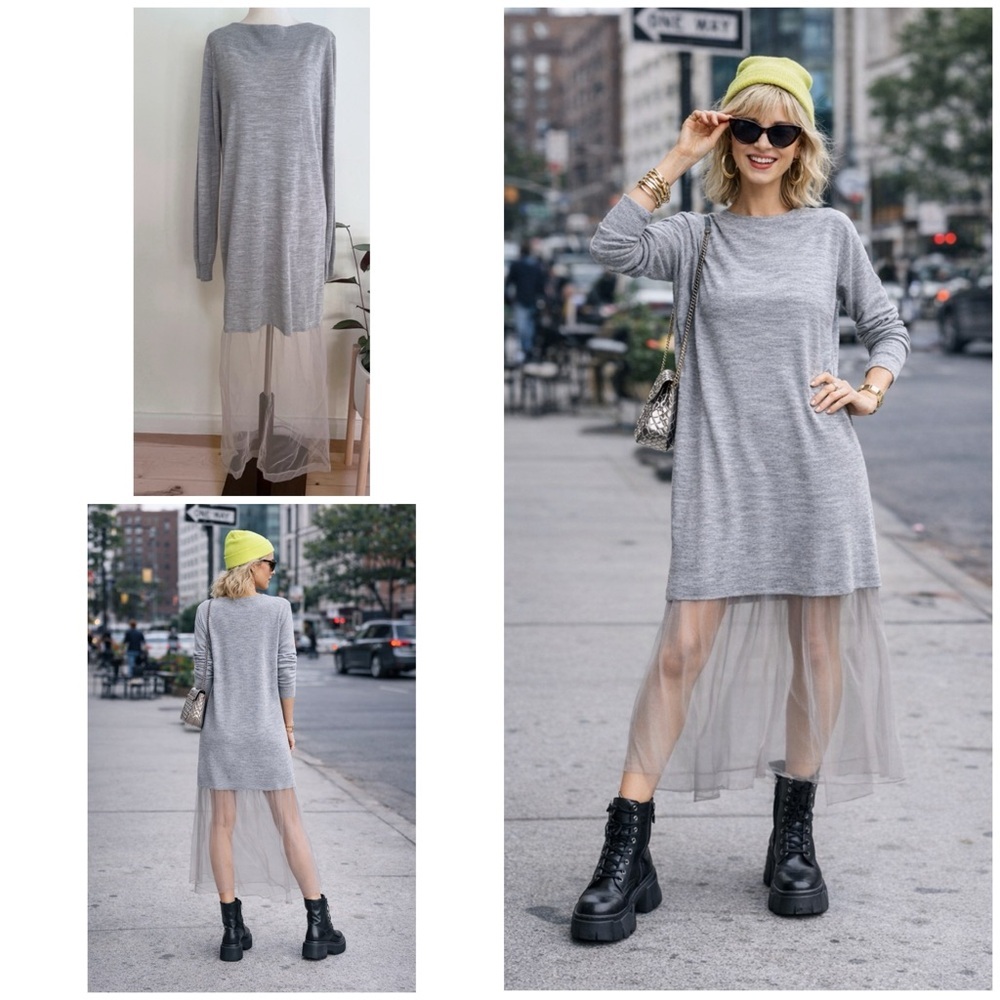 NWT Maison Martin Margiela Wool Blend  Tulle Trim Maxi Light Sweater Gray Dress 